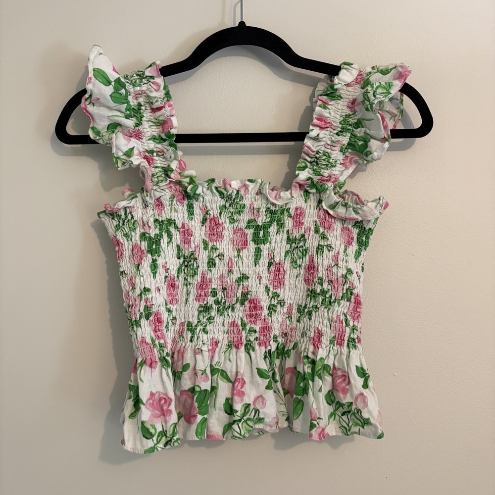 Hill House Paz 100% Linen Smocked Ruffle Tank Top Size S Preppy Cottagecore Boho